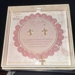 Pink Quartz Bracelet with Gold Cross